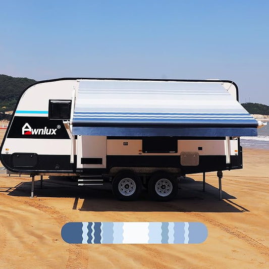AWNLUX RV Awning Fabric Replacement - Waterproof Vinyl Sun Shade Screen for Camping - Universal Fit UV Blocker Canopy Shelter - Blue Strip 13' (Fabric 12'2")
