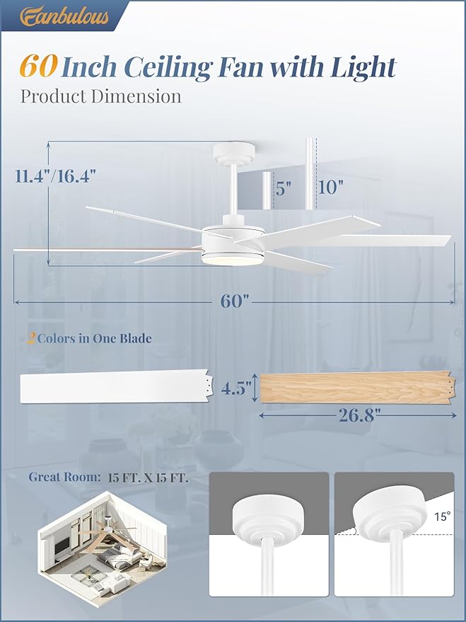 60 Inch Ceiling Fans with Lights and Remote, Reversible 6 Blades & Dimmable 3-Color Outdoor Ceiling Fans for Patios, DC Motor Large Ceiling Fan for Indoor or Covered Outdoor-White