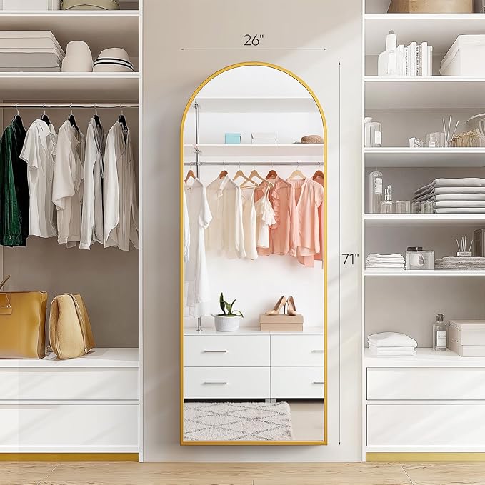 Arched Full Length Mirror, 71'' x 26'' - Gold Floor Mirror with Aluminum Alloy Thin Frame, Hanging or Leaning for Bedroom Dressing or Wall, Full Body Reflection