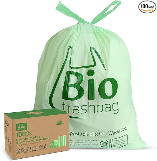 8 Gallon Compostable Trash Bags, 100 Count Drawstring Trash Bags Biodegradable, Heavy Duty Extra Thick Compost Bags, Kitchen Food Scrap Waste Bag, US BPI and OK Compost Home Certified
