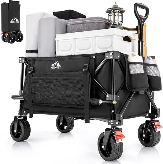 150L Wagon Cart Foldable, Heavy Duty Collapsible Utility Wagon with 220lbs Capacity, All-Terrain Beach Wheels, Portable Garden Cart for Camping, Sports, Outdoor, Shopping, Black