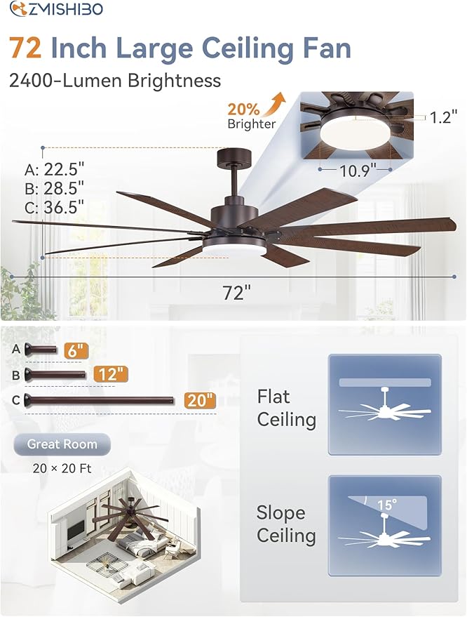 72 Inch Ceiling Fans with Lights, Brown Farmhouse Ceiling Fan with Light, large LED Panel, Quiet Reversible DC Motor, 6-Speeds, 3CCT, large Ceiling Fans with Remote for Patio, Living Room, Garage