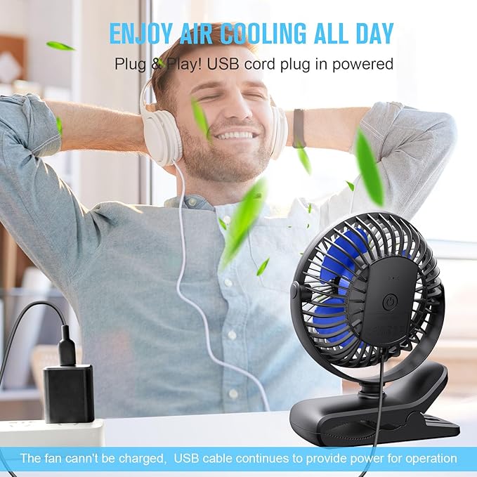 BESKAR USB Clip on Fan, Portable Small Fan with Cord Powered, 3 Speeds Strong Airflow, with Sturdy Clamp, Quiet Personal Desk Fan
