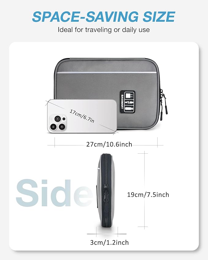 BAGSMART Electronics Travel Organizer Case, Compact Cable Organizer Bag for Phone Accessories, Power Bank, SD Card Storage, Grey