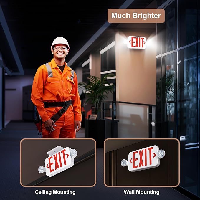 Emergency Exit Sign Lights Combo With Battery Backup, Double Sided Hardwired 6 LEDs, Adjustable Heads Red Lighting Ceiling/Wall Mount, UL Listed, AC 120/277V (4 Pack)