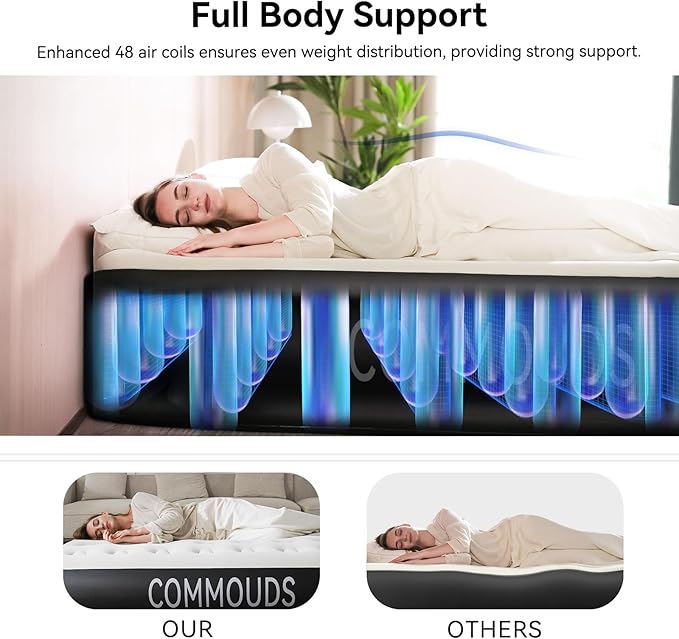COMMOUDS Queen Air Mattress with Built-in Battery Powered Removable Pump, 13" High Inflatable Mattress, Portable Blow up Mattress, Air Bed for Camping, Home and Guest