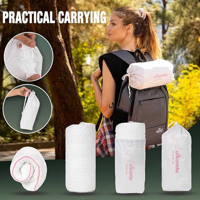 Memory Foam Pillow for Travel and Camping with Extra Cotton Cover – Easy to Carry Portable Bag (Pink)