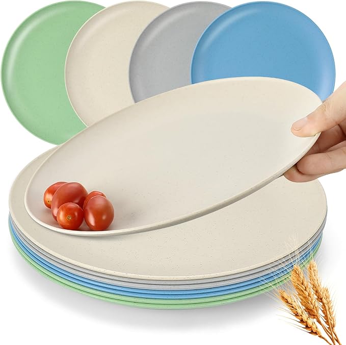 Dinner Plates Set of 8, Microwave and Dishwasher Safe Wheat Straw Dinnerware Plates for Kitchen, Unbreakable Kids Plates with 4 Colors, Suitable for picnics and party. (9 inch)