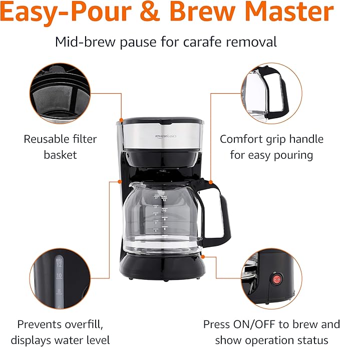 Amazon Basics Coffee Makers, 12-Cup Coffee Machines with Reusable Filter, Coffee Pots, Black & Stainless Steel