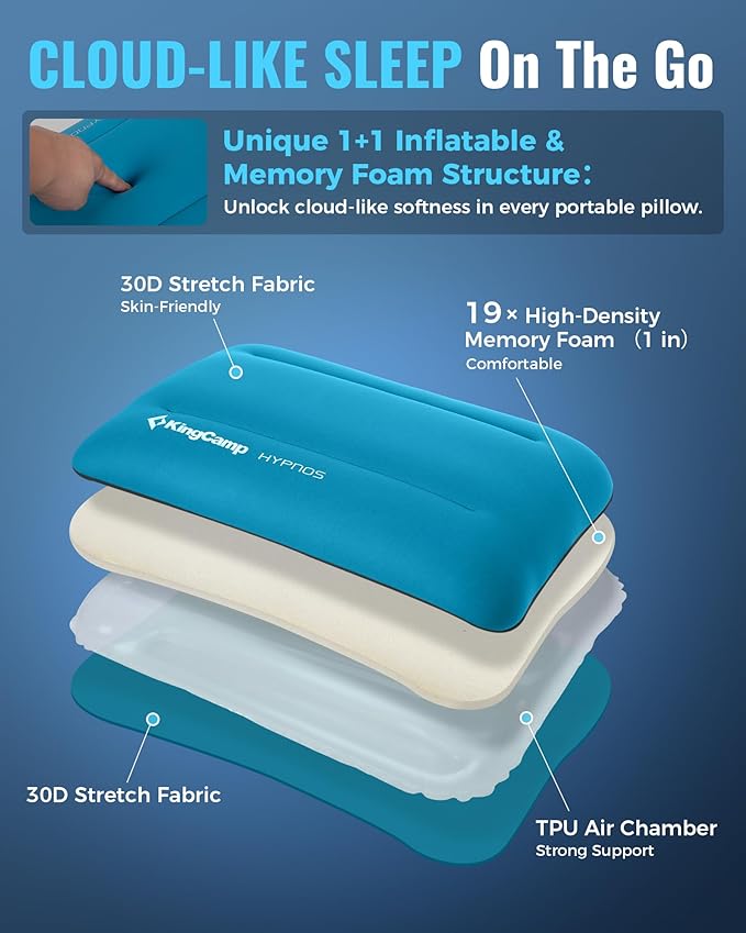 KingCamp Memory Foam Camping Pillow, Extra Large Inflatable Camp Pillow, Portable Ergonomic Air Pillow with Removable Washable Cover for Camping, Hiking, Car, Beach, Travel