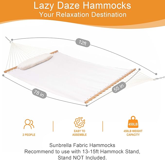 Lazy Daze 12 FT Sunbrella Fabric Hammock not Fading with Spreader Bars and Free Pillow Fits for Two Persons, All Weather and Fade Resistant for Patio Yard, 450 lbs Weight Capacity,Cast Pumice