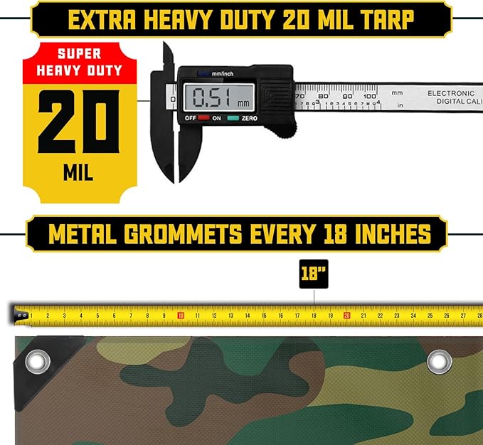 Core Tarps Extreme Heavy Duty 20 Mil Tarp Cover, Waterproof, UV Resistant, Rip and Tear Proof, Poly Tarpaulin with Reinforced Edges for Roof, Camping, Patio, Pool, Boat (Camouflage/Green 20′ X 35′)