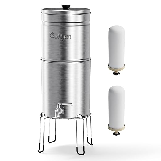 Culligan with MaxClear Technology 2.25 Gallon Gravity Water Filter System, Brushed Countertop Ceramic Water Filter NSF/ANSI Certified to Reduce Lead, Microplastics & Total PFAS, with 2 Filters