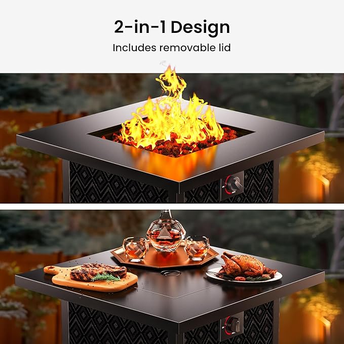 Ciays Propane Fire Pit, 28” Gas Fire Table with Texteline Pattern, 50,000 BTU Steel Fire Table for Patio, Garden, & Backyard, 2-in-1 Gas Fire Pit with Removable Lid, CSA-Certified, Black