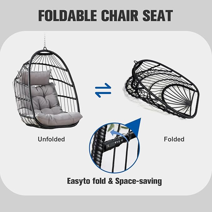 PRIVATE GARDEN Indoor Outdoor Hanging Egg Chair Wicker Hammock Swing Chairs UV Resistant Cushion Folding Aluminum Basket Frame for Bedroom Balcony Patio 330lbs Capacity