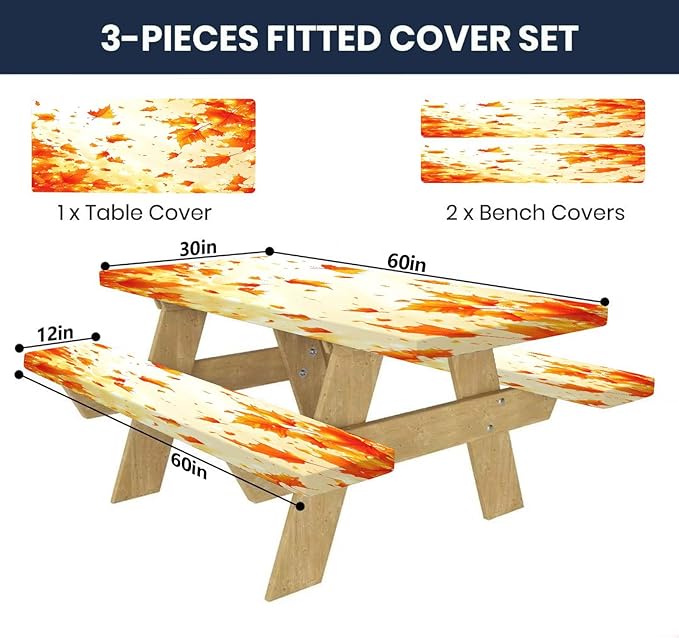 CAPSCEOLL Elastic Picnic Table Cover with Bench Covers 5Ft Waterproof Fitted Picnic Table Cover Cloths for Outdoors Camping Tablecloth with Drawstring Bag, 60X30in, Fall Maple