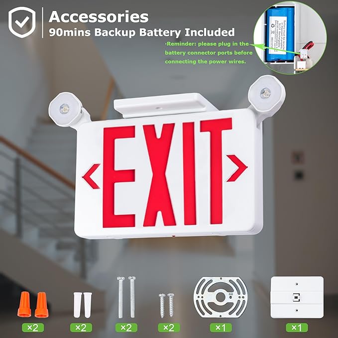Gruenlich Red Exit Sign with Emergency Lights, 2 Adjustable LED Heads and Backup Battery, UL 924, AC 120/277V, Commercial Hardwired Exit Light for Business, 4 Pack