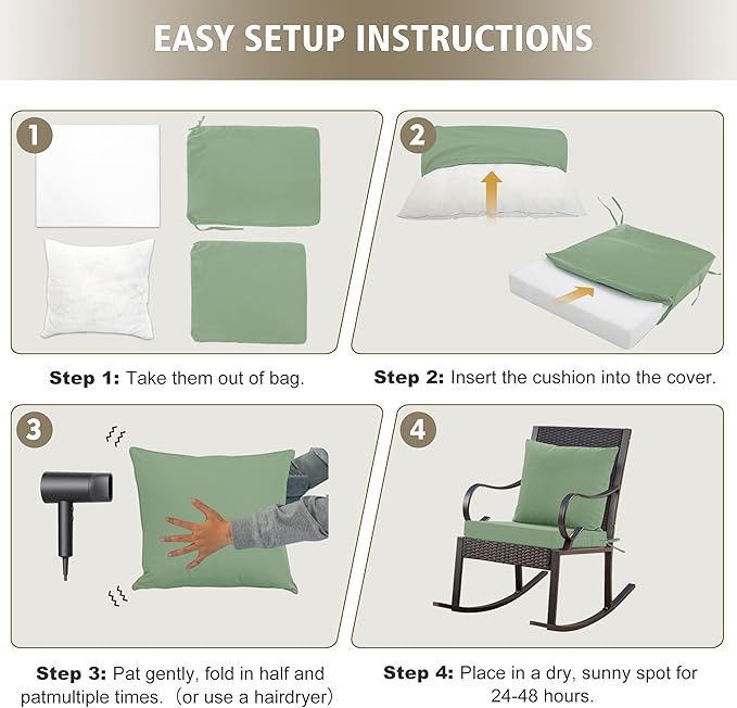 24x24 Inch Outdoor Cushions for Patio Furniture Set of 2, Waterproof Outdoor Chair Cushions w/Fade-Resistant, Removable & Machine-Washable Covers, Deep Seat Sofa/Couch Pads Replacement, Sage Green