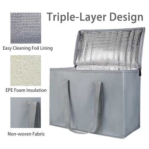 Bodaon 5-Pack Insulated Reusable Grocery Shopping Bags, X-Large Picnic Cooler Bag Zipper/Zippered Top Cold, Insulated Food/Pizza Delivery Bag, Grey