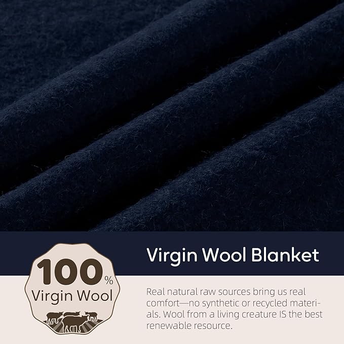 100% Wool Blanket, 48" x 62", Warm, Thick, Washable, Military Wool Blanket, Great for Camping, Outdoors, Sporting Events, Survival Kits，Navy