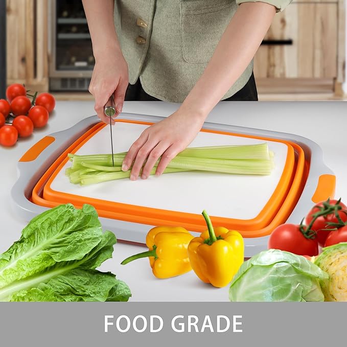 Collapsible Cutting Board with Container, Foldable Camping Sink with Colander, BBQ Prep Tub with Lid, Multifunction Dish Basin for Kitchen, Bowl, Vegetable and Fruit, 2.11 Gal/8L Storage Basket
