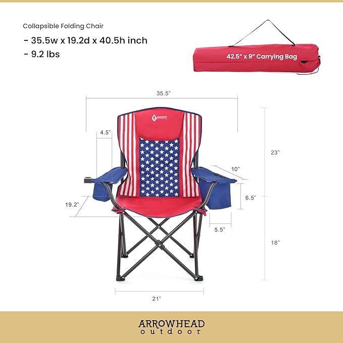 ARROWHEAD OUTDOOR 2-Pack Portable Folding Camping Quad Chair w/ 6-Can Cooler, Cup & Wine Glass Holders, Heavy-Duty Carrying Bag, Padded Armrests, Headrest & Seat, Supports up to 550lbs