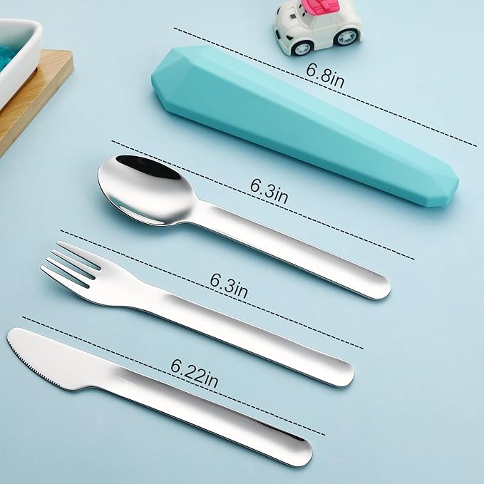 DEVICO Travel Utensils with Case, Reusable Camping Silverware Cutlery, 18/8 Stainless Steel Portable Fork Spoon Knife Set for Lunch Picnic School Workplace (Teal)