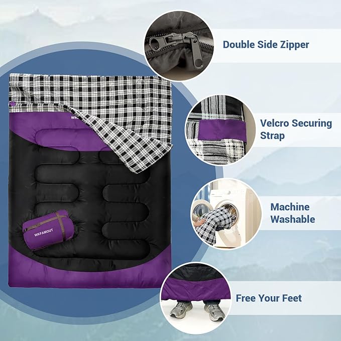 Double Sleeping Bag for Adults Machine Washable 2 Person Camping Sleeping Bag Queen Size Waterproof with Compression Sack for Cold Weather 3-4 Seasons