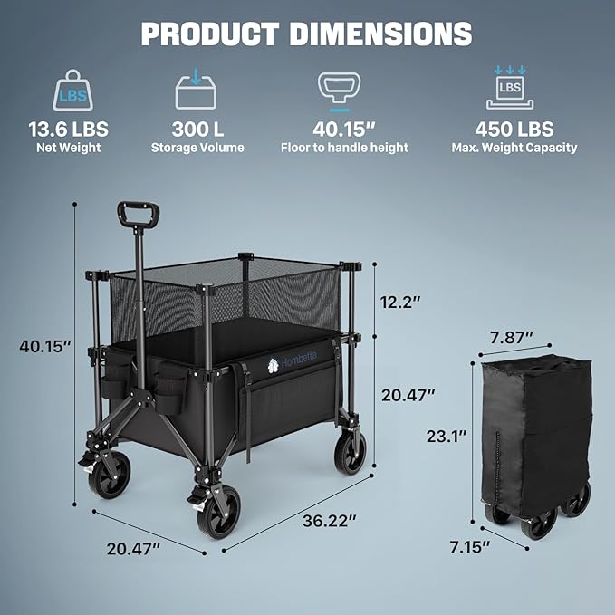 Folding Wagon Cart Foldable with Wheels, Adjustable Double Decker 150L-300L Capacity, All-Terrain Wheels & Brake, 450LBS Heavy Duty Collapsible Wagon for Beach, Camping, Outdoor