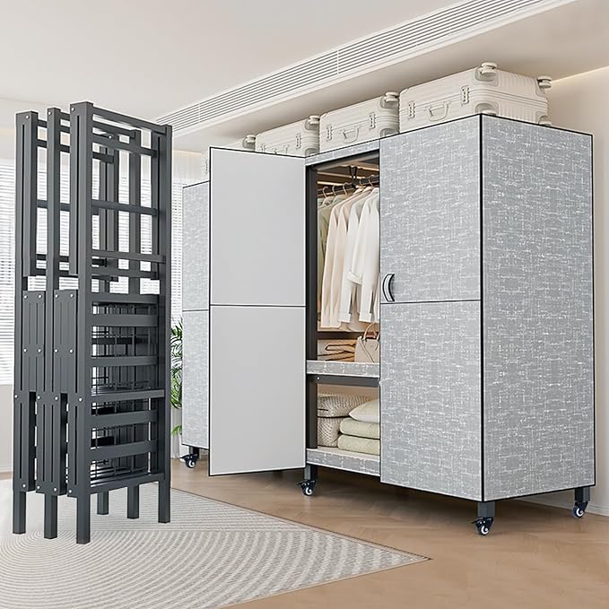 FPIGSHS Heavy Duty Clothes Rack with Magnetic Door 2000LBS Foldable Portable Wardrobe Closet for Hanging Clothing Rolling Garment Rack on Wheels for Bedroom Closet System (B(Grey Door, 49.2in)
