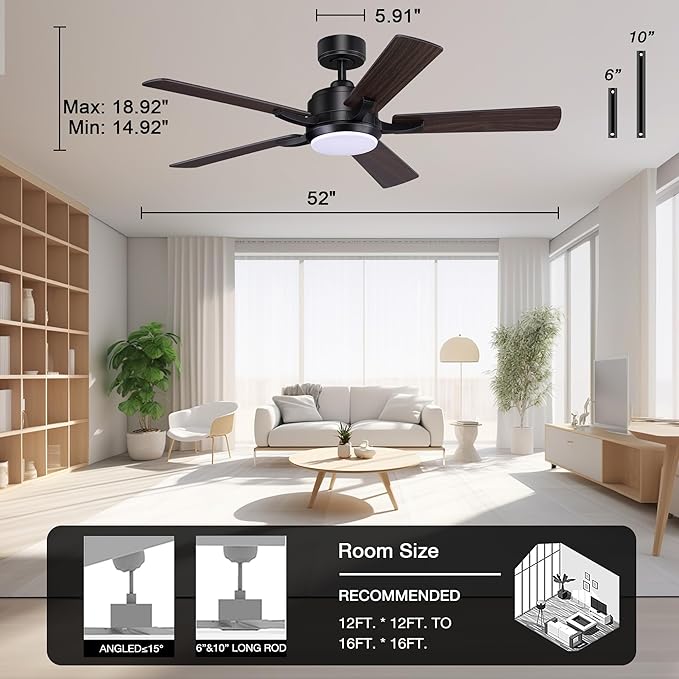 52” Smart Ceiling Fans with Lights Remote,Quiet DC Motor,Outdoor Indoor Modern Ceiling Fan,Voice Control via WIFI Alexa App,6-speed,Dimmable Ceiling Fan for Bedroom Patio,Black& Walnut Brown