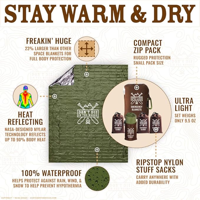 Don't Die In The Woods - Freakin’ Huge Emergency Blankets [4-Pack] Extra-Large Thermal Mylar Space Blankets with Ripstop Nylon Stuff Sacks + Carabiner Zipper Pack [Army Green]