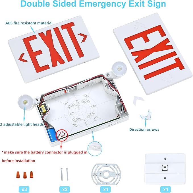Gruenlich Exit Signs with Emergency Lights, 2 Adjustable LED Head with Battery Backup, 94V-0 Fire Resistant, AC 120/277V, Hardwired Commercial Emergency Light Combo for Business, 4 Pack