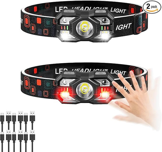 Headlamp Rechargeable 2Pack, 3000 Lumen Ultra-Light Bright Headlamp Flashlight with White Red Light, LED Headlight Motion Sensor, 5+5 Mode for Outdoor Camping Fishing Running Hiking