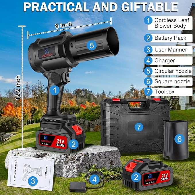 Electric Cordless Leaf Blower with 2 X 3.0Ah Batteries and Charger Included, 300000RPM Handheld Leaf Blower, Violent Leafs Blower for Lawn Care, Garage, Patio, Car