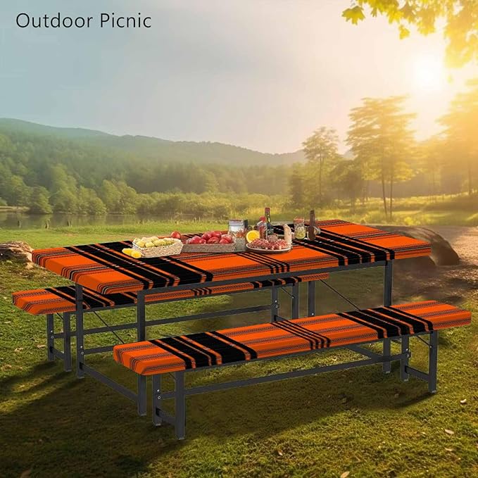 CAPSCEOLL Fitted Picnic Table Cover with Bench Covers with Elastic 8Ft Waterproof Picnic Table Cloths Windproof Outdoor Camping Tablecloth with Drawstring Bag, 96X30in, Orange Plaid