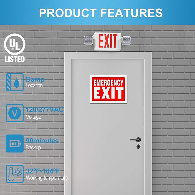 Double Sided LED Emergency EXIT Sign, Remote Capable, Two LED Flood Lights, Backup Battery, US Standard Red Letter, Commercial Grade, 120-277V, FireResistant(UL 94V-0) (1 Pack)