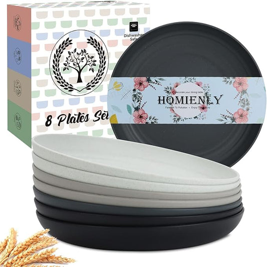 Homienly Wheat Straw Plates Set of 8, Unbreakable Kids Dinner Plates - Microwave & Dishwasher Safe (Stone Grey, 10 inch)