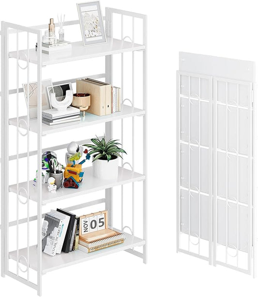 4NM No Assembly 4 Tiers Folding Bookshelf, 47.2" H Foldable Storage Shelves Vintage Bookcase Standing Racks Study Organizer Home Office - All White