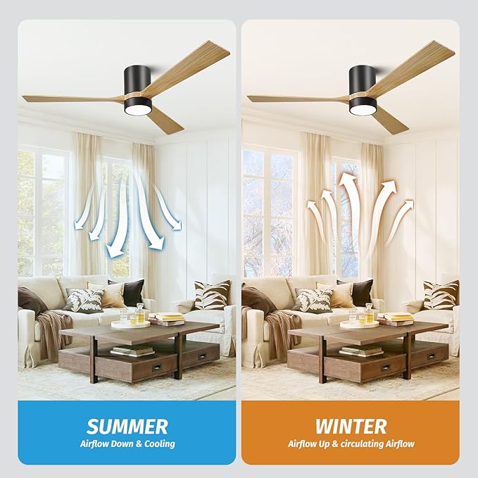 60 Inch Low Profile Ceiling Fan with Light, Ceiling Fans with Lights and Remote, 3 Walnut Solid Wood Blade Dimmable 8H Timer 6-Speed Reversible Motor for Living Room Farmhouse Patio