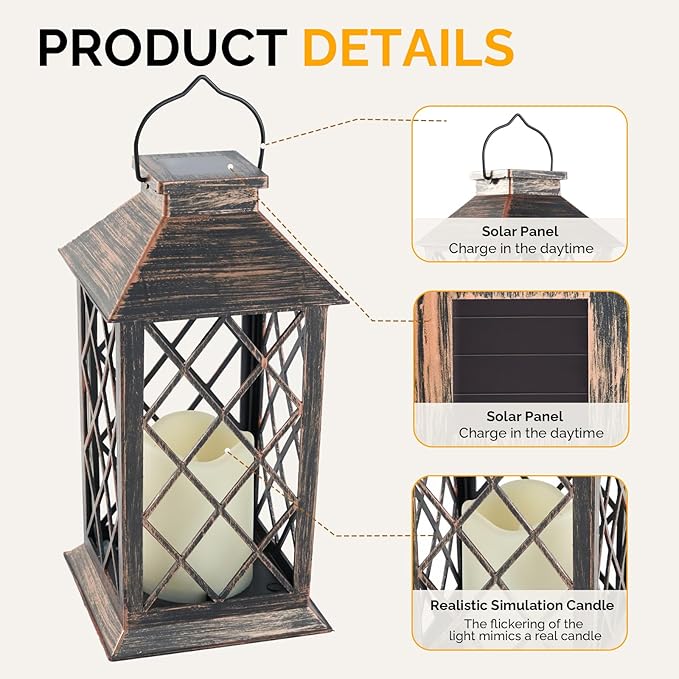 13'' Outdoor Solar Hanging Lantern Lights, Waterproof Flickering Flameless Candle Hollowed-Out Metal Decor Lantern, Garden Decoration for Patio Yard, Gifts for Mom, Brown
