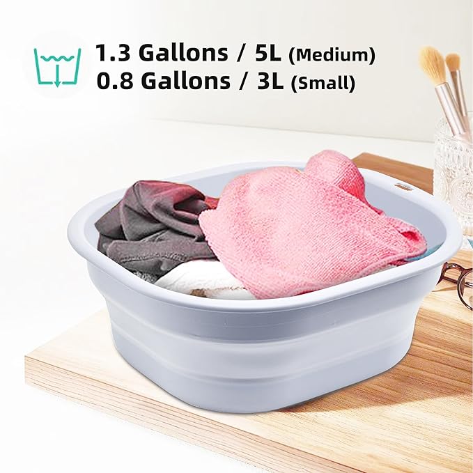 2 Pack Collapsible Wash Basin Set, Foldable Dish Tub, Small Medium Portable Sink for Kitchen, Camping, RV, Baby Bottles, Laundry, Plastic Washbasin -Gray