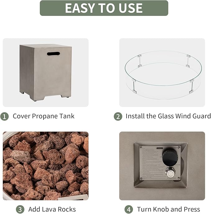 COSIEST 2-Piece Outdoor Propane Firepit Table Set w Tank Table, CSA Certified 42" Fire Table CSA Certified, 50,000 BTU w Gray Round Base,Wind Guard and 16 inches Tank Side Table 20lb for Garden,Pool