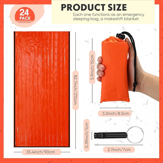 Qunclay 24 Set Emergency Sleeping Bag Survival Bivvy Sack Blanket with Whistles Lightweight Portable Thermal Survival Bag Thick with Hood Extension Nylon Stuff Sack for Camping Hiking Outdoor