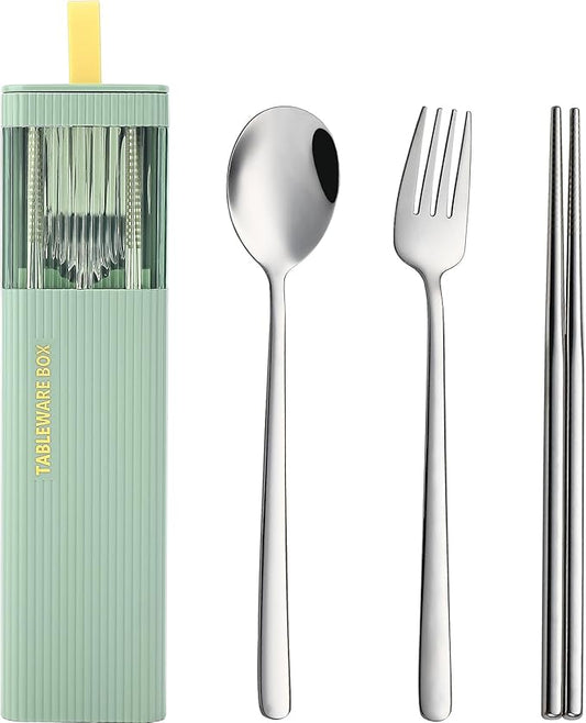 DEVICO Travel Utensils with Case, 18/8 Stainless Steel Reusable Silverware Set for Lunch Box, Portable Cutlery Set, Fork and Spoon Set for Camping, Lunch, Picnic, Workplace, School (Green)