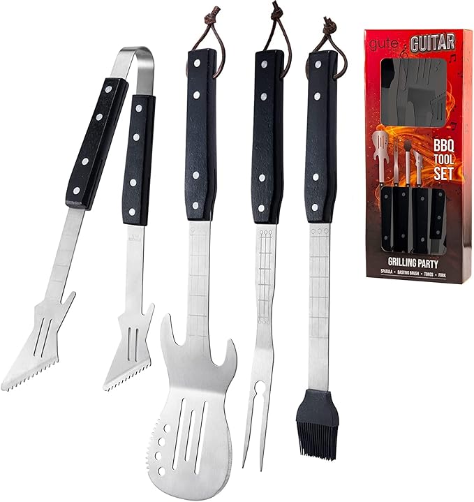 Gifts for Men - BBQ Grilling Set, 4-Piece Heavy Duty Stainless Steel Barbeque Tools - Unique Gifts for Dad, Father, Music Lovers, Perfect Barbecue Accessories for Indoor & Outdoor Use (Guitar Design)