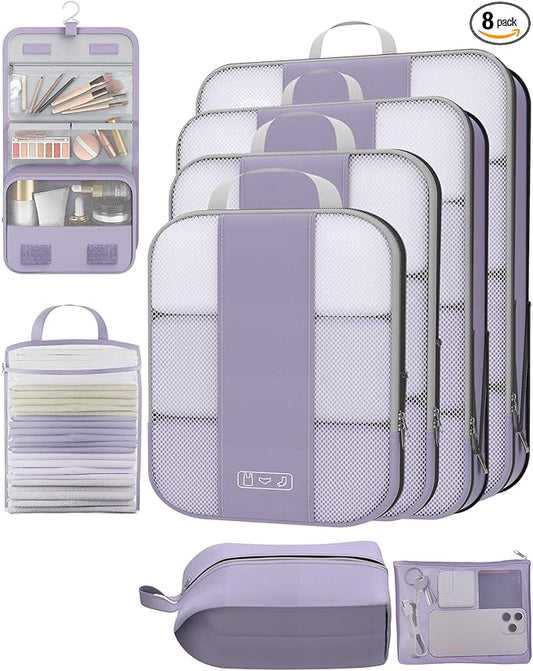 8 Set Compression Packing Cubes for Travel Essentials,Compressible Expandable Packing Cubes for Suitcase,OlarHike Luggage Organizer Bags for Travel,Handy Helper for Organizing Clothes(Purple Gray)