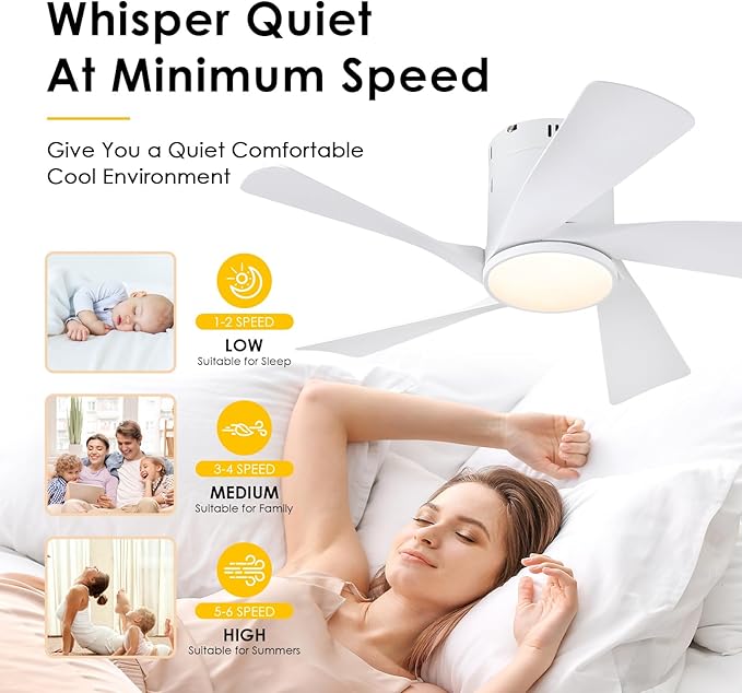 36" Flush Mount Ceiling Fan - White Low Profile Ceiling Fans with Lights and Remote/APP, 6 Speeds and Reversible 5 Fan Blades, Indoor Modern Ceiling Fan LED Light for Bedroom, Small Spaces