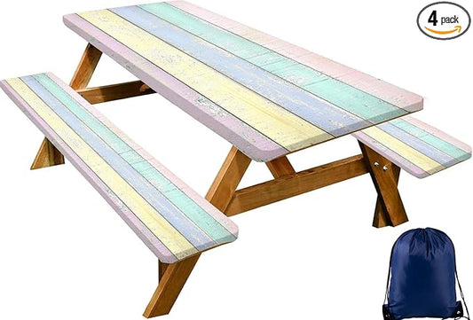 CAPSCEOLL Fitted Picnic Table Cover with Bench Covers with Elastic 8Ft Waterproof Camping Picnic Table Cover Cloths for Outdoors Camping Tablecloth with Drawstring Bag, 96X30in, Colorful Wood