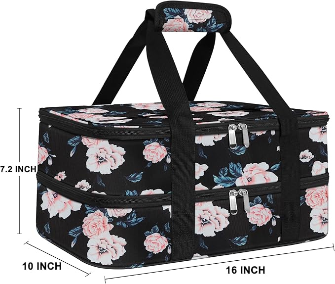 esouler Double Insulated Casserole Carrier Bag Hot & Cold Food Carrier Bag Lasagna Holder Lunch Bag for Picnics, Parties, Travel, Fits 9 x 13 Inches Casserole Dish-Flower